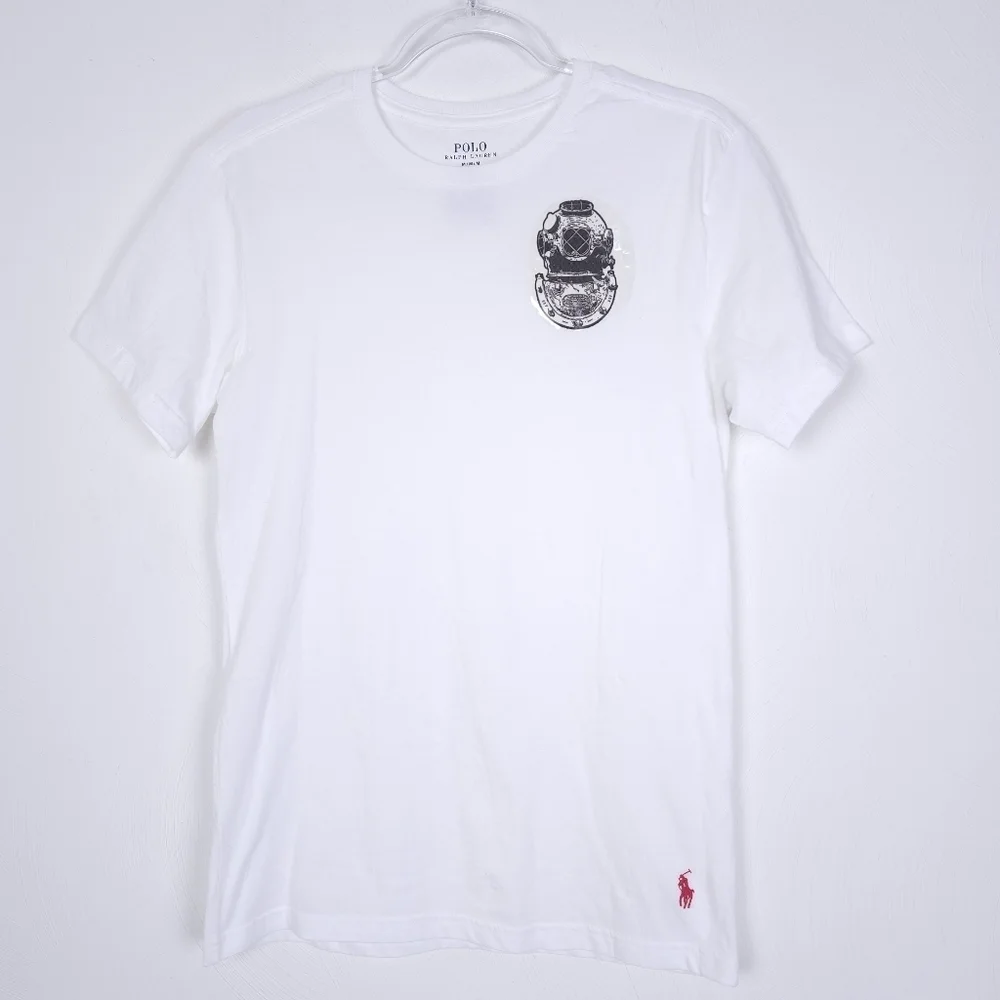 Polo Ralph Lauren White Tee with DIY vintage diver helmet graphic size M
